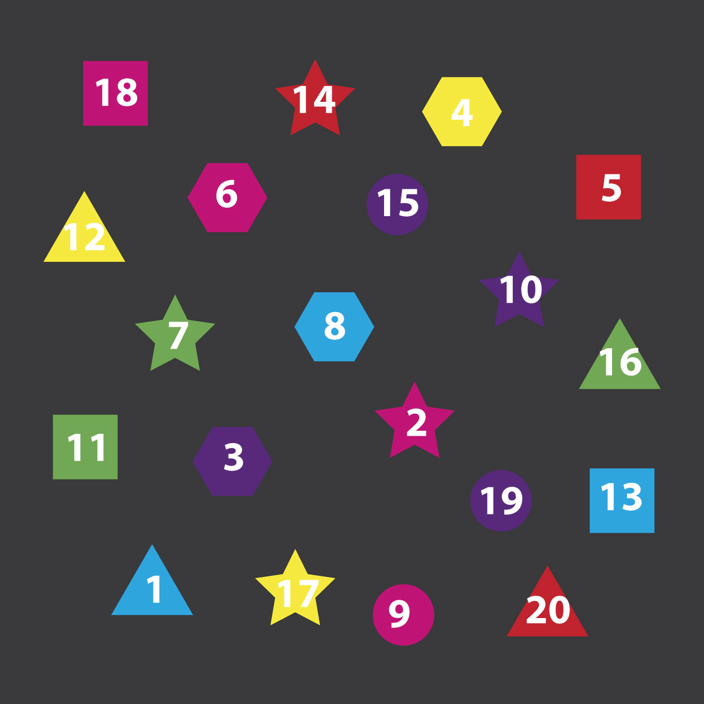 Numbered Shapes 1-20 - 0.3m Shapes